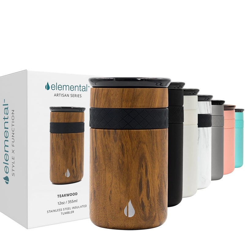 Elemental Artisan Insulated Tumbler, Triple Wall Coffee Travel Mug, Reusable Stainless Steel Coffee Tumbler with Ceramic Lid, Thermal Coffee Cups for Hot (6 Hrs) & Cold (18 Hrs), 12oz - Teak Wood - Image 1